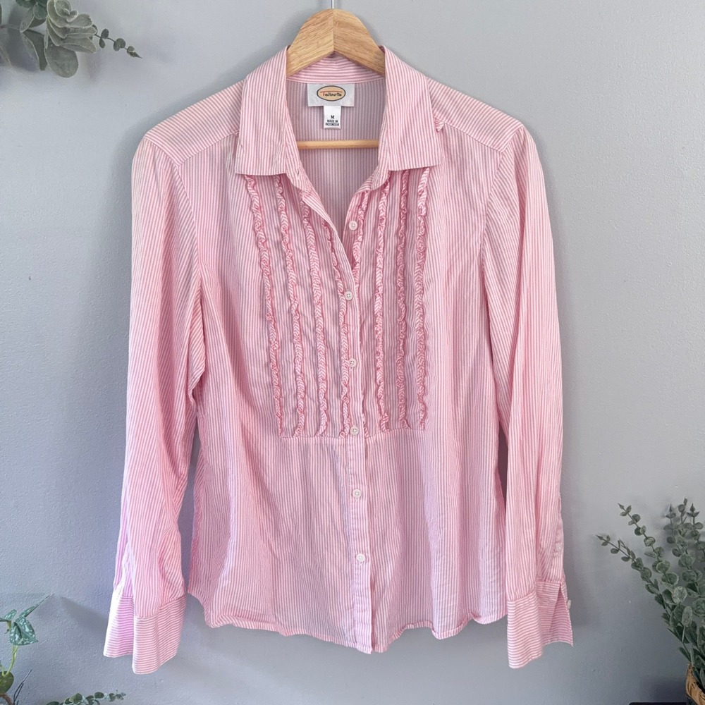 Vtg Talbots Shirt Coquette Pink Striped Ruffle Seersucker Cotton Button Up M